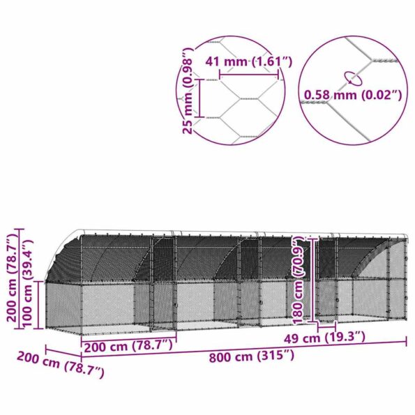 vidaXL Klietka pre sliepky Strieborná 800 x 200 x 198.5 cm – Obrázok 11