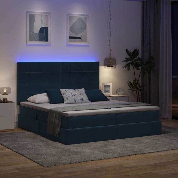 vidaXL Posteľ s LED pásikmi s úložiskom Tmavomodrá 200 x 200 cm Zamat – Obrázok 6
