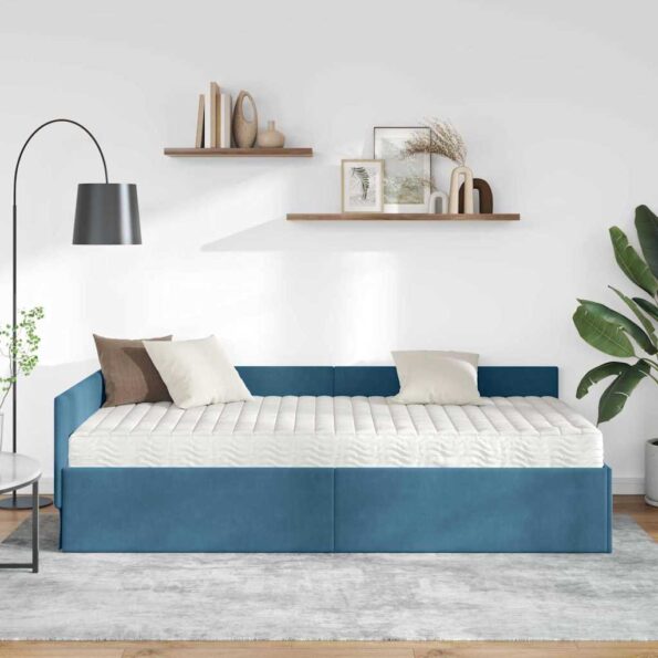 vidaXL Rohový rám postele s matracom Iný 2 pcs Modrá Zamat – Obrázok 3