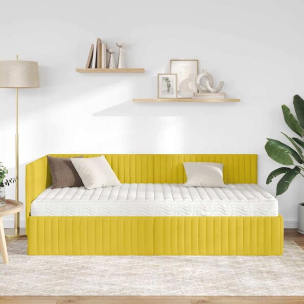 vidaXL Rohový rám postele s matracom s čelnou doskou 2 pcs Žltá Zamat – Obrázok 3