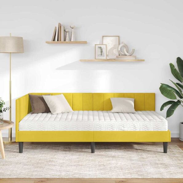 vidaXL Rohový rám postele s matracom s čelnou doskou 2 pcs Žltá Zamat – Obrázok 3