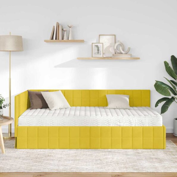 vidaXL Rohový rám postele s matracom s čelnou doskou 2 pcs Žltá Zamat – Obrázok 3
