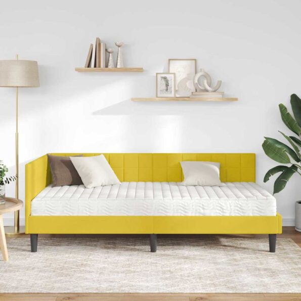 vidaXL Rohový rám postele s matracom s čelnou doskou 2 pcs Žltá Zamat – Obrázok 3