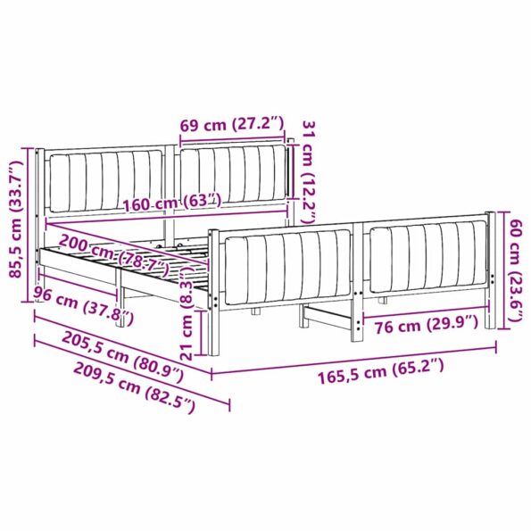 vidaXL Rám postele hnedá a tmavosivá 160 x 200 cm Borovicový masív – Obrázok 11