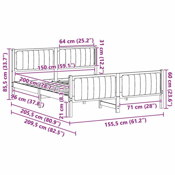 vidaXL Rám postele Hnedá a svetlo šedá 150 x 200 cm Borovicový masív – Obrázok 11