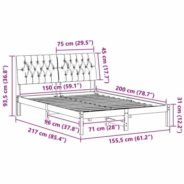 vidaXL Rám postele s čalúneným čelom Hnedá 150 x 200 cm – Obrázok 11