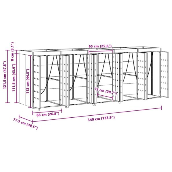 vidaXL Úložisko na 3 koše Wheelie Antracit 340 x 77.5 x 115.5 cm Oceľ – Obrázok 12