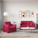 vidaXL Sada pohoviek 2 pcs Víno červené 138 x 78 x 80 cm Zamat – Obrázok 3