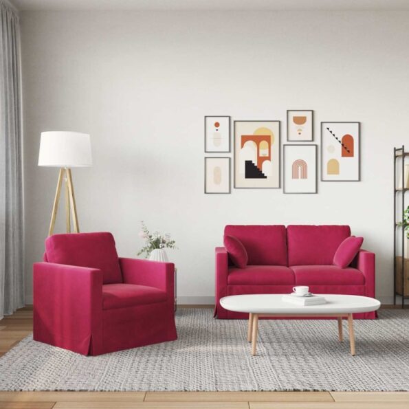 vidaXL Sada pohoviek 2 pcs Víno červené 138 x 78 x 80 cm Zamat – Obrázok 3