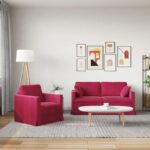vidaXL Sada pohoviek 2 pcs Víno červené 158 x 78 x 80 cm Zamat – Obrázok 3