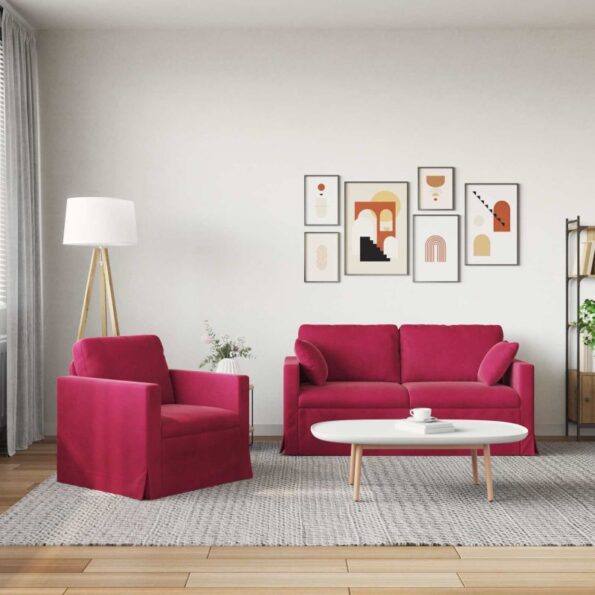 vidaXL Sada pohoviek 2 pcs Víno červené 158 x 78 x 80 cm Zamat – Obrázok 3