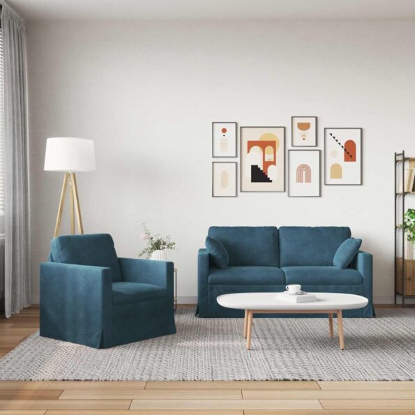 vidaXL Sada pohoviek 2 pcs Modrá 158 x 78 x 80 cm Zamat – Obrázok 3
