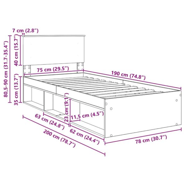 vidaXL Rám postele Dymová dub 75 x 190 cm Kompozitné drevo – Obrázok 13