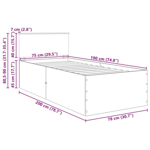 vidaXL Rám postele Sonoma dub 75 x 190 cm Kompozitné drevo – Obrázok 13