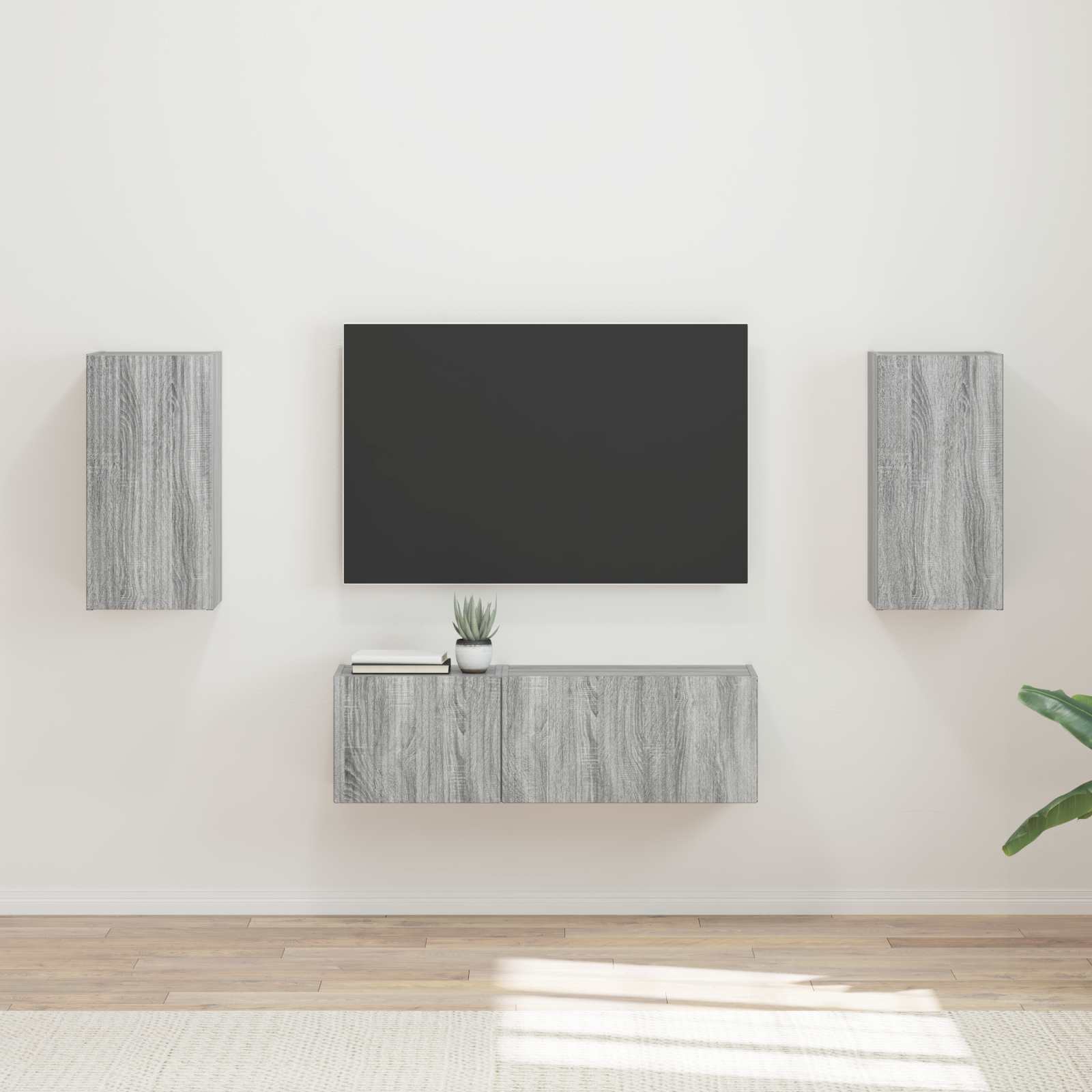 3408913_1.jpg vidaXL Sada nástenného kabinetu na TV Nástenný 4 pcs Sivý Sonoma – Obrázok 1