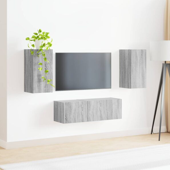 vidaXL Sada nástenného kabinetu na TV Nástenný 4 pcs Sivý Sonoma – Obrázok 4