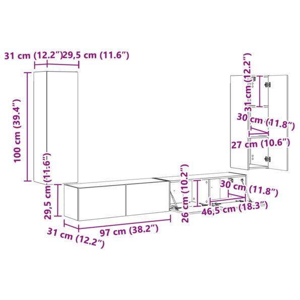 vidaXL Sada nástenného kabinetu na TV Nástenný 4 pcs Dymová dub – Obrázok 13