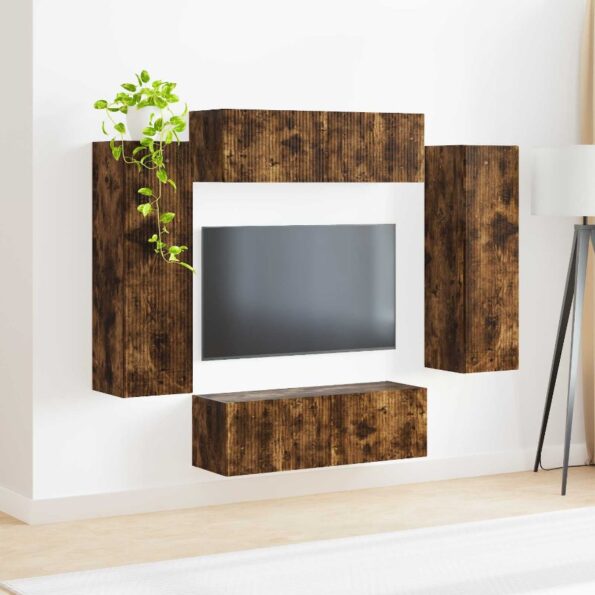 vidaXL Sada nástenného kabinetu na TV Nástenný 4 pcs Dymová dub – Obrázok 4