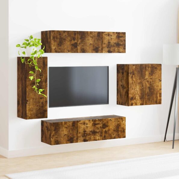 vidaXL Sada nástenného kabinetu na TV Nástenný 6 pcs Dymová dub – Obrázok 4