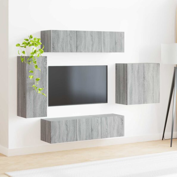 vidaXL Sada nástenného kabinetu na TV Nástenný 6 pcs Sivý Sonoma – Obrázok 4