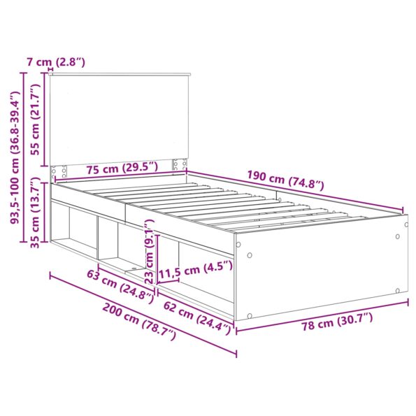 vidaXL Rám postele Dymová dub 75 x 190 cm Masívne borovicové drevo – Obrázok 13