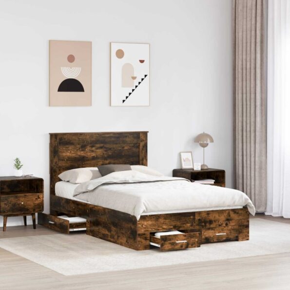 vidaXL Rám postele Dymová dub 135 x 190 cm Kompozitné drevo – Obrázok 3