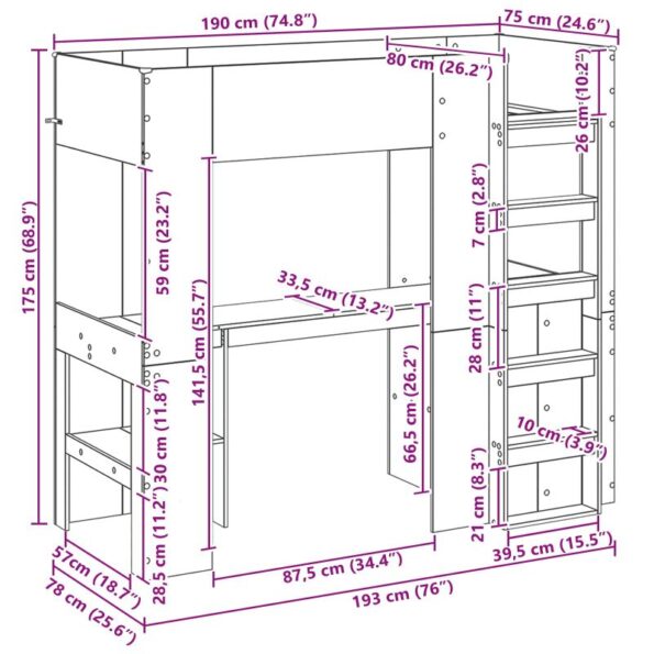 vidaXL Rám poschodovej postele so stolom Remeselný dub 75 x 190 cm – Obrázok 10