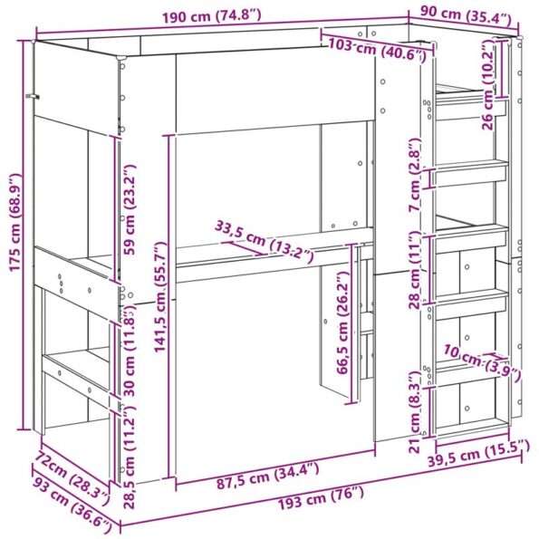 vidaXL Rám poschodovej postele so stolom Dymová dub 100 x 200 cm – Obrázok 10