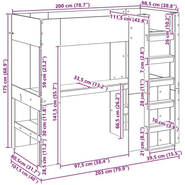 vidaXL Rám poschodovej postele so stolom Dymová dub 100 x 200 cm – Obrázok 10