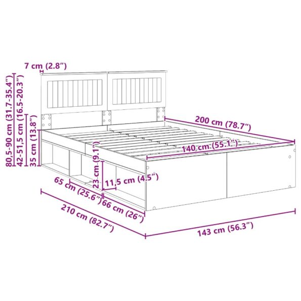 vidaXL Rám postele Dymová dub 140 x 200 cm Masívne borovicové drevo – Obrázok 13