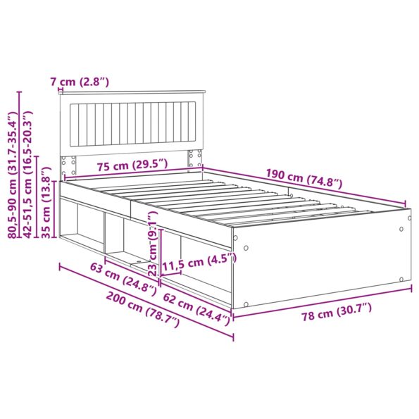 vidaXL Rám postele Dymová dub 75 x 190 cm Masívne borovicové drevo – Obrázok 13
