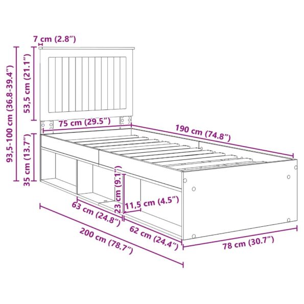 vidaXL Rám postele Dymová dub 75 x 190 cm Masívne borovicové drevo – Obrázok 13