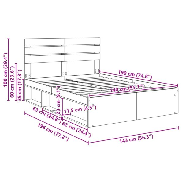 vidaXL Rám postele Betónová 140 x 190 cm Masívne borovicové drevo – Obrázok 13