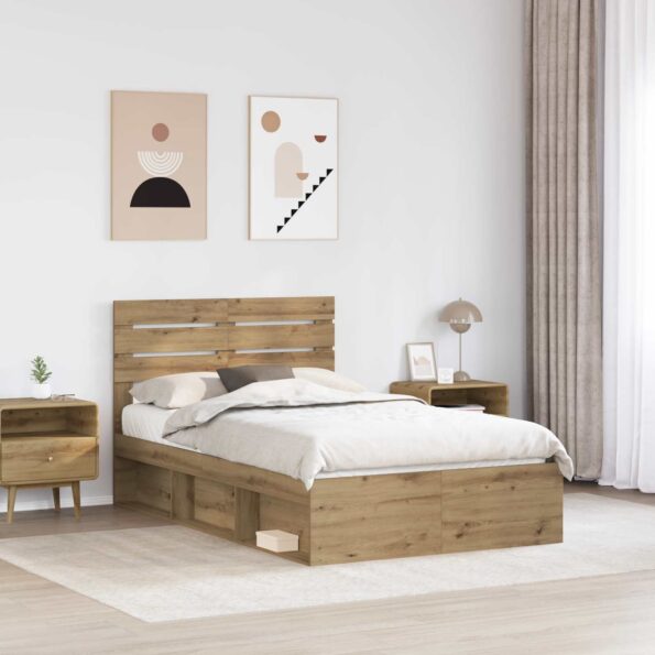 vidaXL Rám postele s čelnou doskou Remeselnícky dub 135 x 190 cm – Obrázok 3