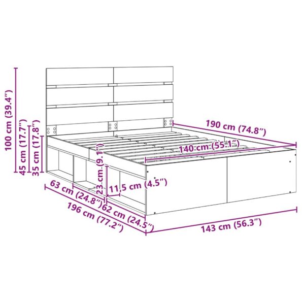 vidaXL Rám postele Betónová 140 x 190 cm Masívne borovicové drevo – Obrázok 13