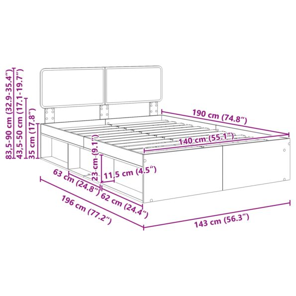 vidaXL Rám postele Betónová 140 x 190 cm Masívne borovicové drevo – Obrázok 13