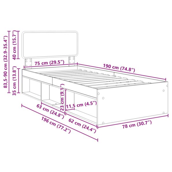 vidaXL Rám postele Dymová dub 75 x 190 cm Masívne borovicové drevo – Obrázok 13