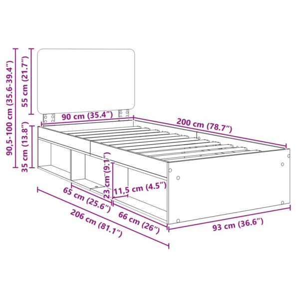 vidaXL Rám postele s čelnou doskou Remeselnícky dub 90 x 200 cm – Obrázok 13
