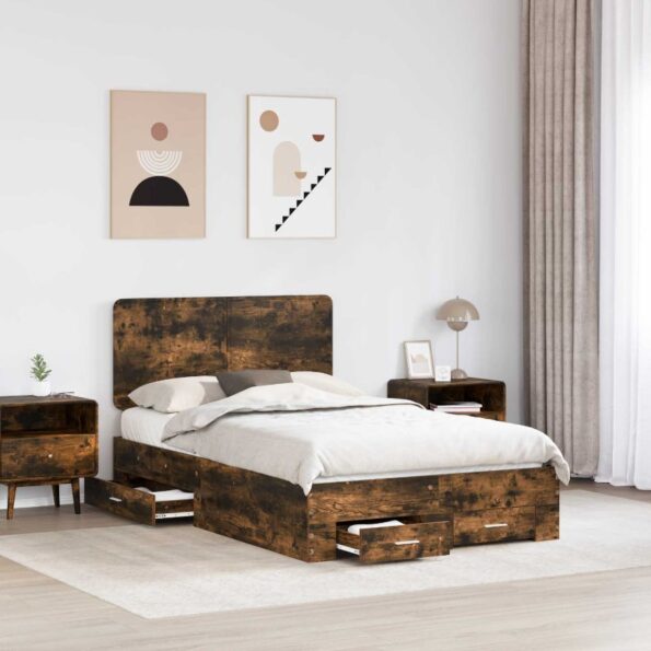 vidaXL Rám postele Dymová dub 135 x 190 cm Kompozitné drevo – Obrázok 3