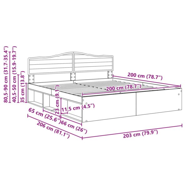 vidaXL Rám postele Dymová dub 200 x 200 cm Masívne borovicové drevo – Obrázok 13