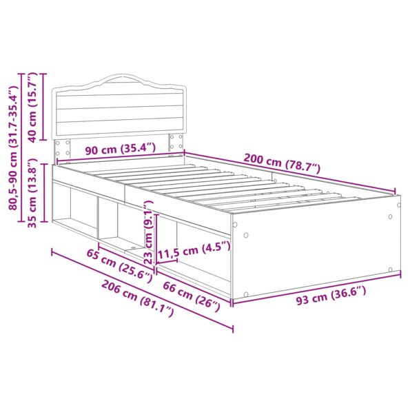 vidaXL Rám postele s čelnou doskou Remeselnícky dub 90 x 200 cm – Obrázok 13