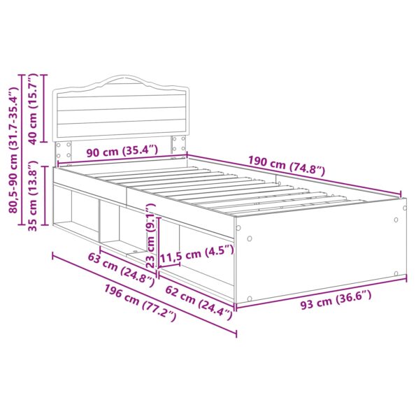 vidaXL Rám postele Dymová dub 90 x 190 cm Masívne borovicové drevo – Obrázok 13