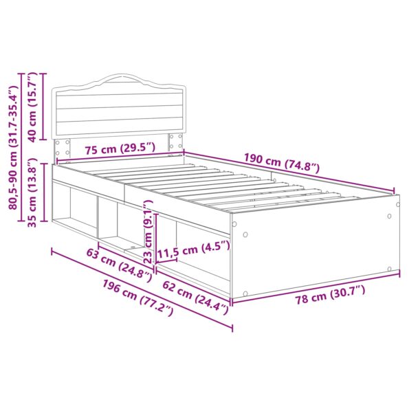 vidaXL Rám postele Dymová dub 75 x 190 cm Masívne borovicové drevo – Obrázok 13