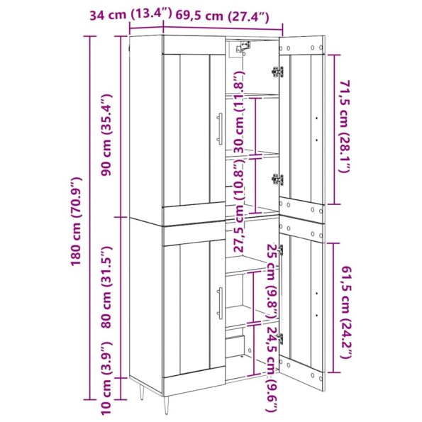 vidaXL Highboard Staré drevo 69,5 x 34 x 180 cm Kompozitné drevo – Obrázok 13