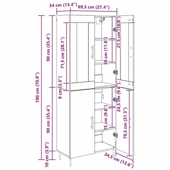 Highboard Staré drevo 69,5 x 34 x 180 cm Kompozitné drevo – Obrázok 13
