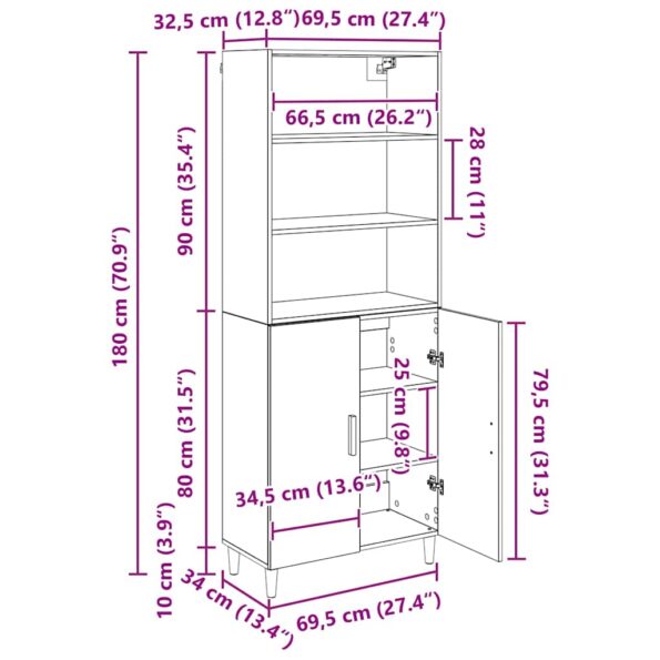 vidaXL Highboard Remeselný dub 69,5 x 32,5 x 180 cm Kompozitné drevo – Obrázok 13