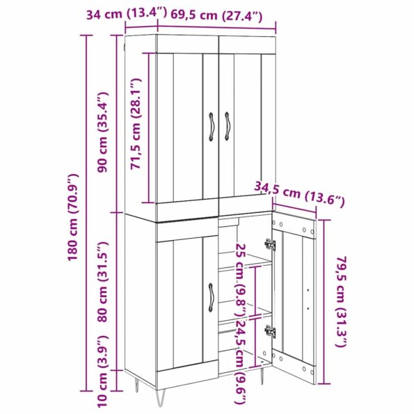 vidaXL Highboard Remeselný dub 69,5 x 34 x 180 cm Kompozitné drevo – Obrázok 13