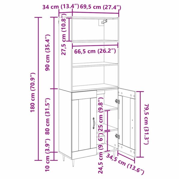 vidaXL Highboard Remeselný dub 69,5 x 34 x 180 cm Kompozitné drevo – Obrázok 13