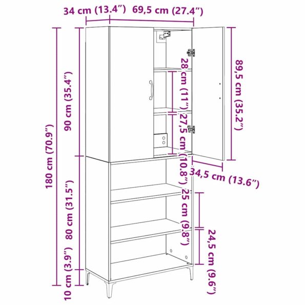 vidaXL Highboard Remeselný dub 69,5 x 34 x 180 cm Kompozitné drevo – Obrázok 13