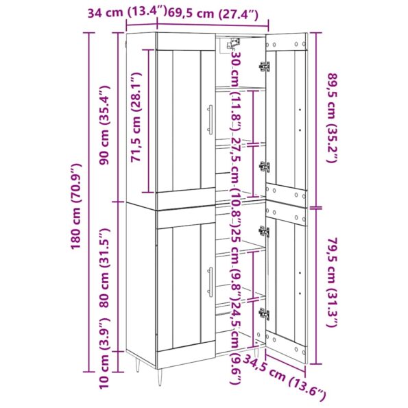 vidaXL Highboard Čierny dub 69,5 x 34 x 180 cm Kompozitné drevo – Obrázok 13